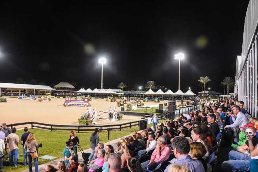 The arena lights are on and the seats are being filled as a Saturday Night Lights event takes place in February, just moments before the first competitor attempts their first jumping course.