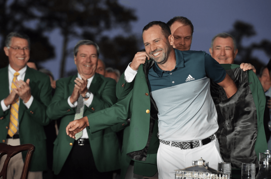 Sergio Garcia, 2017 Masters tournament winner, is awarded with the prestigious green jacket that is passed on every year from previous winners. Garcia won the tournament Sunday after a difficult battle with fellow PGA tour player, Justin Rose.