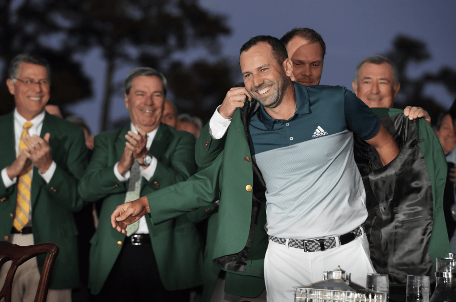 Sergio Garcia, 2017 Masters tournament winner, is awarded with the prestigious green jacket that is passed on every year from previous winners. Garcia won the tournament Sunday after a difficult battle with fellow PGA tour player, Justin Rose. 
