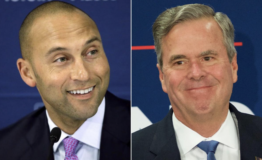 Former+MLB+player%2C+Derik+Jeter+%28Left%29%2C+and+former+Florida+governor+and+2016+presidential+candidate%2C+Jeb+Bush+%28right%29%2C+have+teamed+up+along+with+a+few+others+to+try+to+purchase+the+Miami+Marlins+baseball+team+for+1.3+billion+after+previous+team+owner%2C+Jeffrey+Loria+has+offered+to+sell+the+team.+