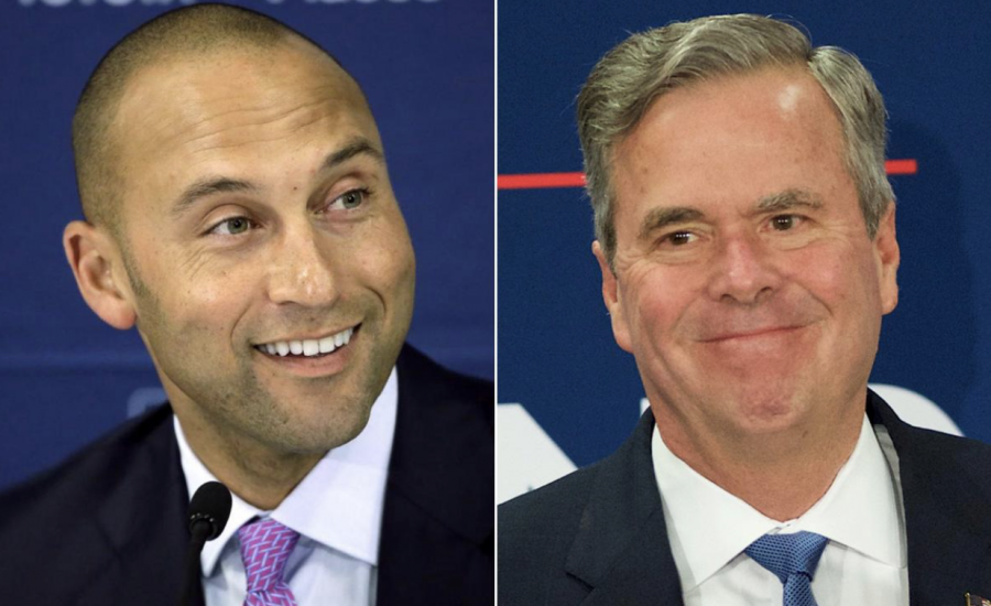 Former MLB player, Derik Jeter (Left), and former Florida governor and 2016 presidential candidate, Jeb Bush (right), have teamed up along with a few others to try to purchase the Miami Marlins baseball team for 1.3 billion after previous team owner, Jeffrey Loria has offered to sell the team. 