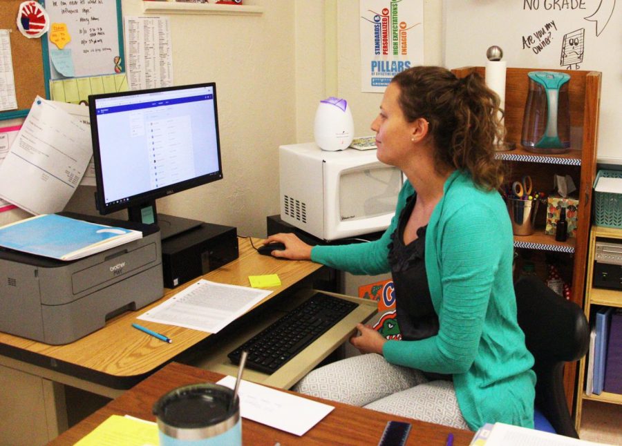 	Working as hard as she can during her planning period, social studies teacher Afton May gets as much done as she can in-school.  Because of her two part time jobs, May was not usually able to do grading and preparing for class after school.  “[Working] from about 6:30 a.m. until 7:30 p.m. every day of the week is pretty hard,” May said.  “I have cut back on what I take home, when it comes to teaching.  I try to be as efficient as I can at work."