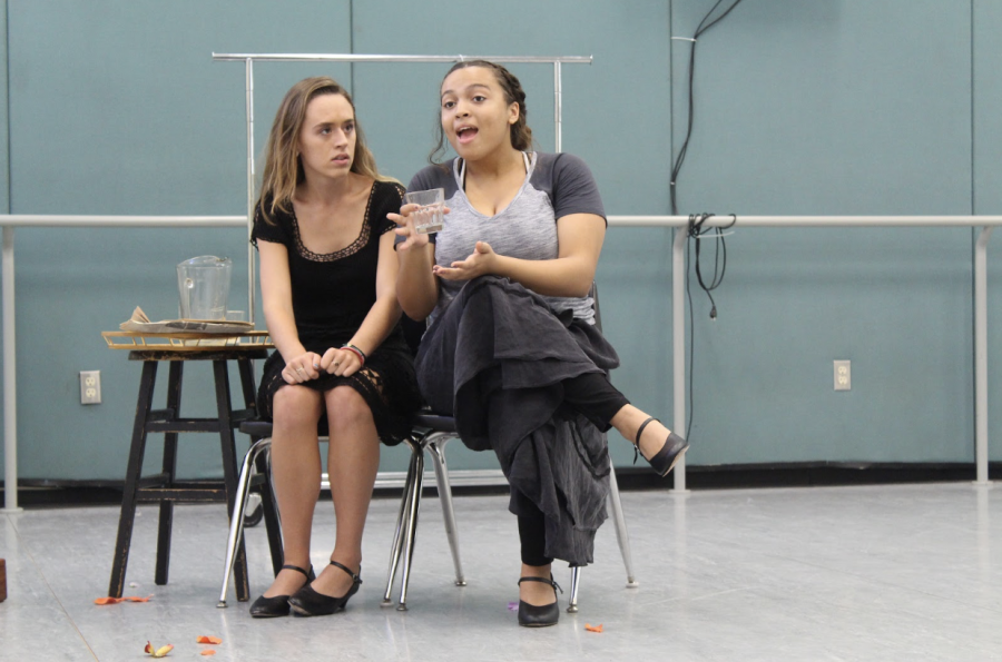 Theatre seniors Madison Burmeister and Azure Kordick begin blocking rehearsals for “All My Sons,” in one of the dance studios in Building 4. 
