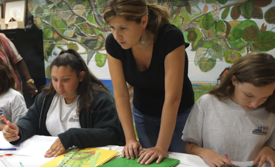 At+the+Norton+Museum+of+Art%E2%80%99s+After-school+Outreach+Program%2C+Erika+Cespedes+assists+her+students+as+they+learn+to+draw+shapes+with+stencils.++Ms.+Cespedes+had+worked+at+the+museum+since+201