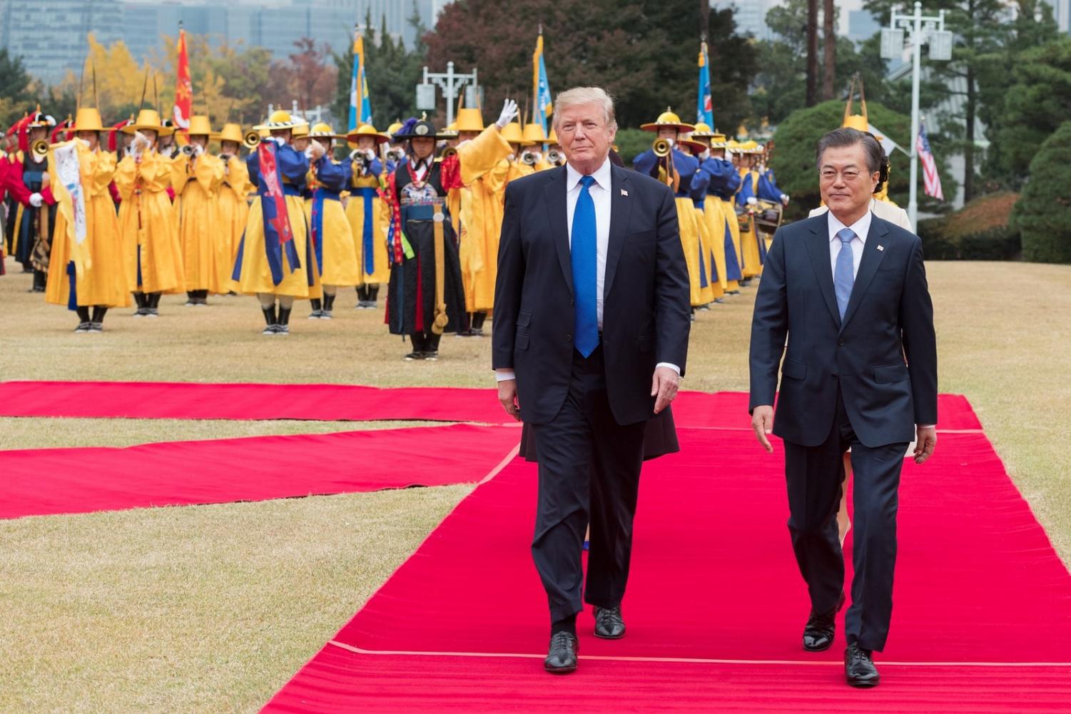 South Korea’s President Moon Jae-in welcomes President Trump to his third stop on his trip throughout the Asia-Pacific region.