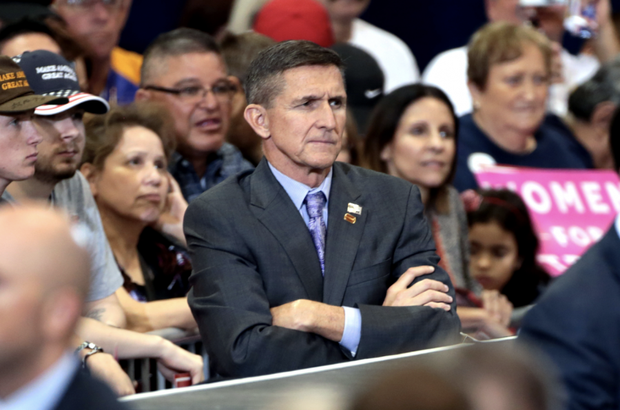 Retired U.S. Army lieutenant general Michael Flynn at a campaign rally for Donald Trump at the Phoenix Convention Center in Phoenix, Arizona.
