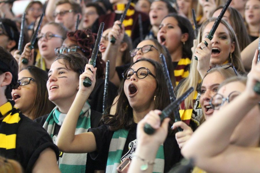 Class of 2018 seniors sporting their Harry Potter themed wands and scarves cheer during the annual Dreyfoos pep rally that took place on Friday, Feb. 2.