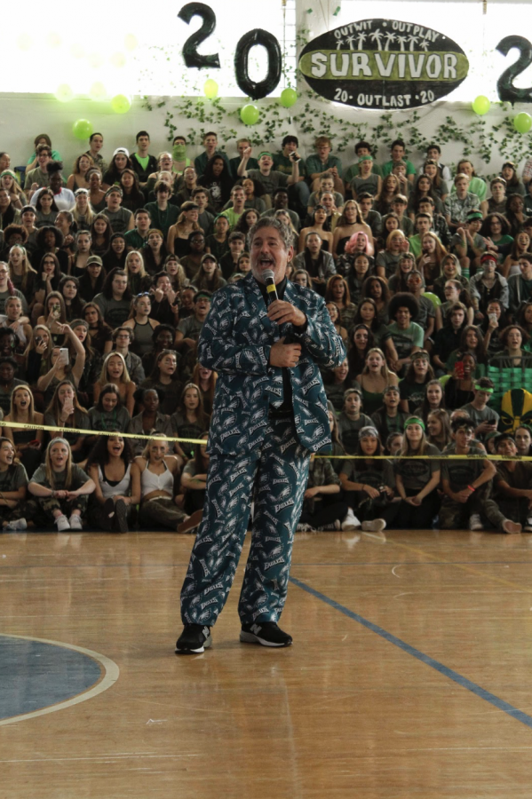Assistant Principal George Miller leads a Philadelphia Eagles cheer during Pep Rally on Feb. 2. Mr. Miller wore his iconic Eagles suit in preparation for going to the Super Bowl. “[Going to the Super Bowl was a] once in a lifetime experience,” Mr. Miller said. “The best part of all of it was being there.”