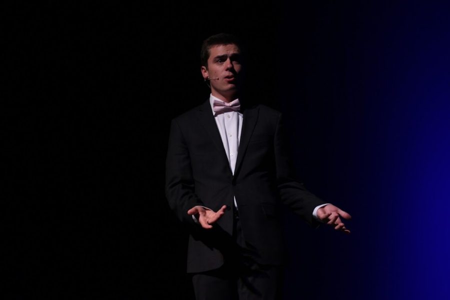 Communications senior Garret O’Donnell performs his Original Oratory speech about focusing on the negative side of things. During the performance, O’Donnell explained that, as humans, we tend to focus our attention on those who break the rules rather than those who “play the game inside the rules.”