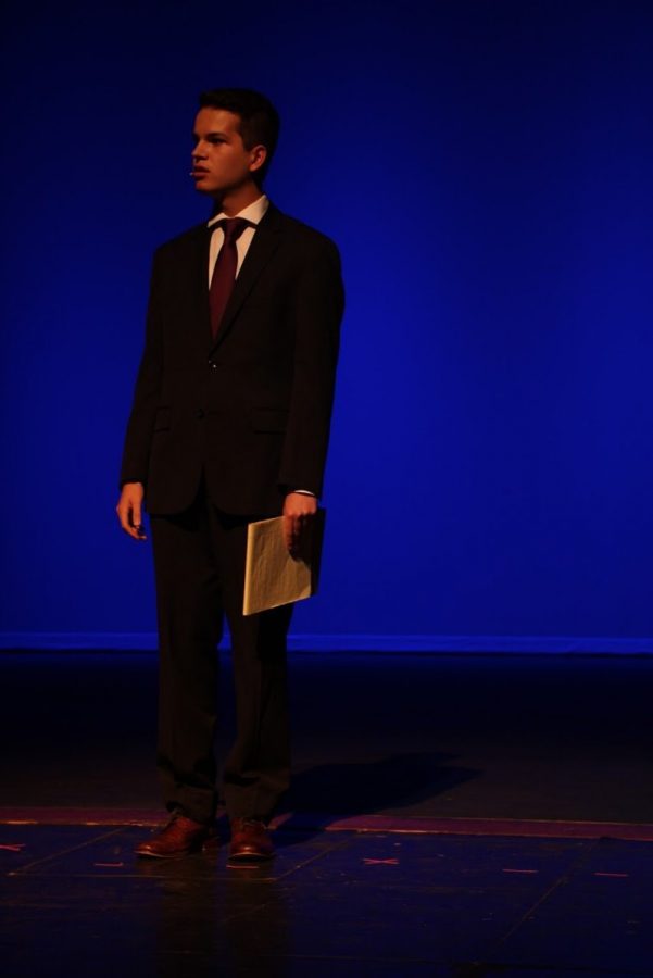 Communications junior Michael Bole addresses the crowd about the importance of expression through public speaking. Bole has been competing on the Dreyfoos Speech and Debate Team since his freshman year, and took this opportunity to showcase his work to the audience. “As soon as the final ‘thank-you’s’ were being given, I came to realize how important the work that was put into the show truly was,” Bole said. 