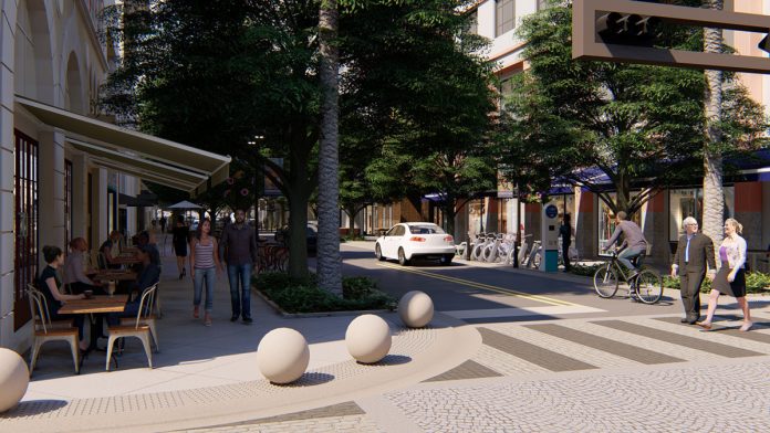 Concept art for the Streetscape project shows newly expanded sidewalks, outdoor eating areas, and trees. The goal of these enhancements to Clematis Street is to make the downtown area more walkable and family-friendly, as well as more aesthetically attractive.
