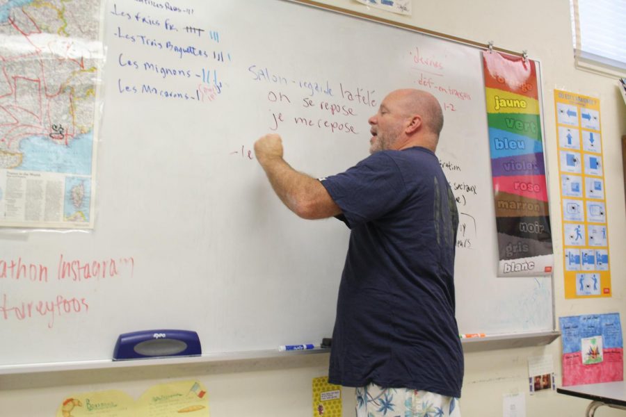 Mr. Ruth teaches his French class how to correctly conjugate reflexive verbs just before field day festivities begin at lunch. “Mr. Ruth has really done a great job keeping us organized,” Junior Class Council Treasurer and band junior Mitch Faloona said. “He makes sure we stay consistent with our weekly meetings and our committees for each event of spirit week.” 