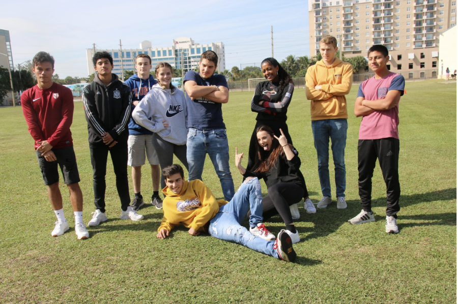 Seniors strike a pose before the start of the annual kickball game. 