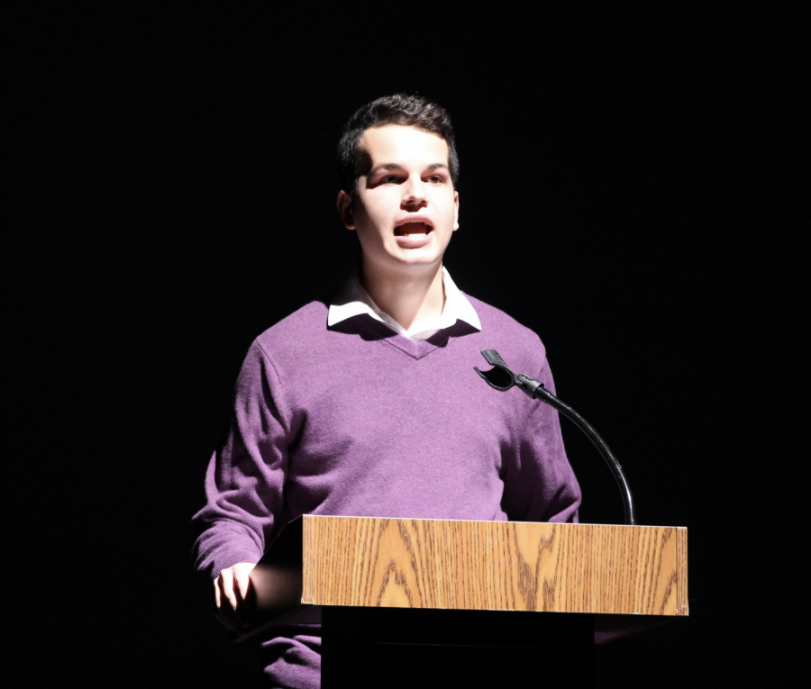 Center Stage Master of Ceremonies and communications senior Michael Bole delivers his opening remarks. Bole performed in Center Stage’s inaugural event in 2018 and was contacted this year to be the Master of Ceremonies for the show. “The students in Center Stage are some of those that will end up pursuing their major as a form of work and going far with it,” Bole said. “I think to see [them performing] at such an early stage is something that’s incredible and not something you get to see every day.”