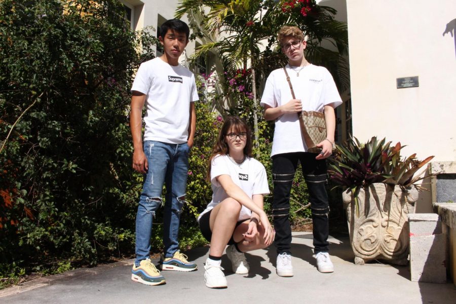 Band sophomore Benjamin Gao, digital media freshman Caroline Wiseman, and dance sophomore Benjamin D’Addio show off their streetwear.