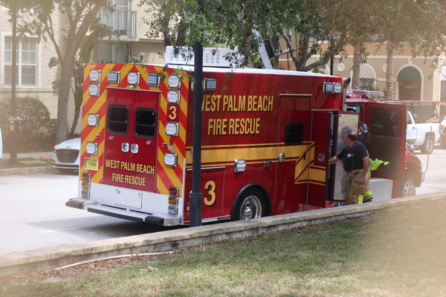 Responding to the reported chemical smell, fire rescue officers arrive at the scene. The source was eventually found to be coming from the Cheesecake Factory construction site.