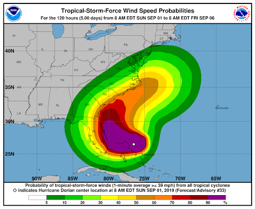 The eastern half of Palm Beach County has upward of a 90% chance of facing tropical storm-force winds. Those living in residential structures within Zone A and Zone B in Palm Beach County have been ordered to evacuate as of 1 p.m. on Sunday, Sept. 1, 2019.