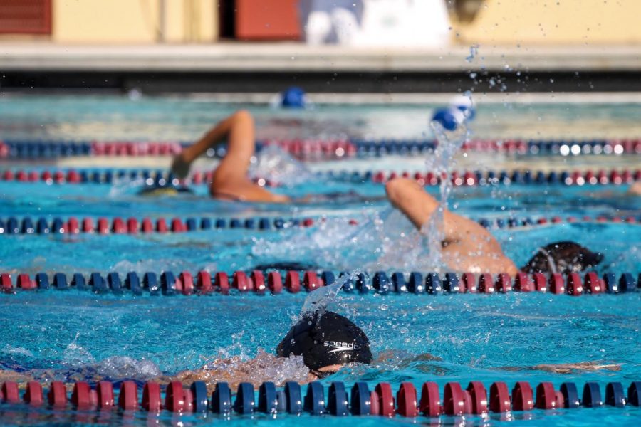 The+swim+team+practices+at+Gaines+Park+in+Warren+Hawkins+Aquatic+Center.+They+train+hard+for+upcoming+districts.+%E2%80%9CWe+practice+being+able+to+pace+ourselves+by+doing+a+lot+of+cardio+and+endurance+training%2C%E2%80%9D+visual+sophomore+Julie+Akdag+said.