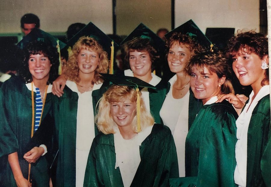 Mrs. Zietz’s high school graduation in Bloomington, Illinois. Her friend Leslie is second-left, Mrs. Zietz is in the middle, and Buffy is third-right. The friends since “have a monthly Zoom call, plus three more not pictured,” Mrs. Zietz said. “Every one of these girls were in the cornfields that night!” 