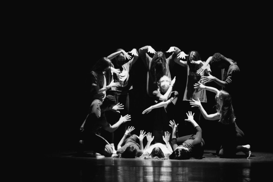 Dance seniors strike a pose while rehearsing for a group performance in the senior showcase. 