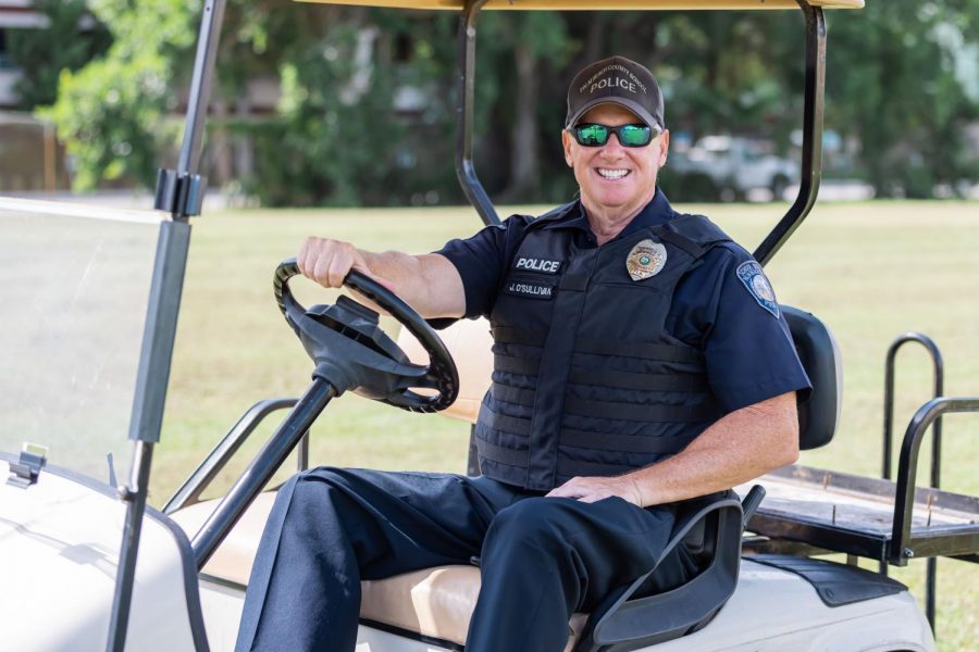 Everyday, Officer O. drives his golf cart around campus to ensure that all entry points are secure and each student feels safe. Part of these rounds include going to the field and cafeteria during lunch to check that everything is running smoothly. 
