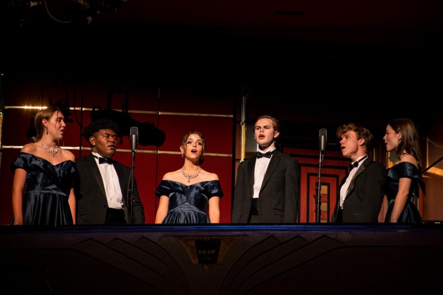 Vocal seniors Lillian Critchett, Dariel Peguero, Francesca Moore, Reed Wolfrom, Daniel Mills, and Sydney Horan sing “Sleep Softly” as one of several small groups. Each of these groups was completely student-led, and therefore responsible for every aspect of their performance.