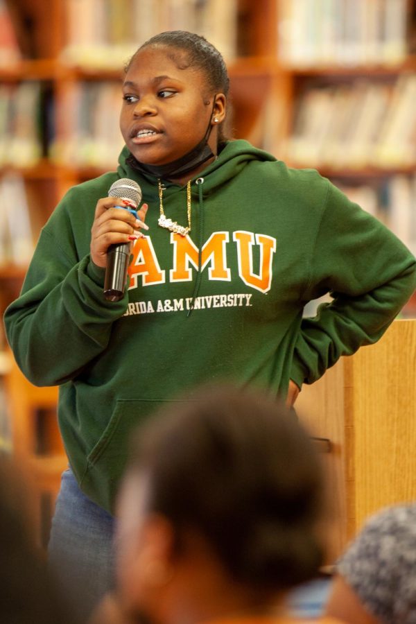 Theatre senior and event coordinator Aalycea Herring begins the HBCU presentation. “I hope that they (the students in attendance) really take this in and think about where they want to go,” Herring said. “Not only am I teaching them, but theyre teaching their friends.”