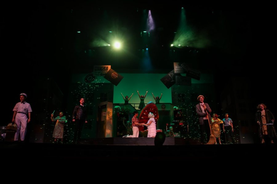 The entire cast of “Little Shop of Horrors” comes together on stage for the finale, “Don’t Feed the Plants.” In this number, Audrey and Seymour come together after both being eaten by Audrey II as a final reminder for the audience to never feed the plants.