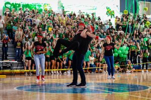 Assistant Principal Ron Lewis spins Principal Blake Bennett as part of a secretly-planned faculty dance during the Pep Rally.