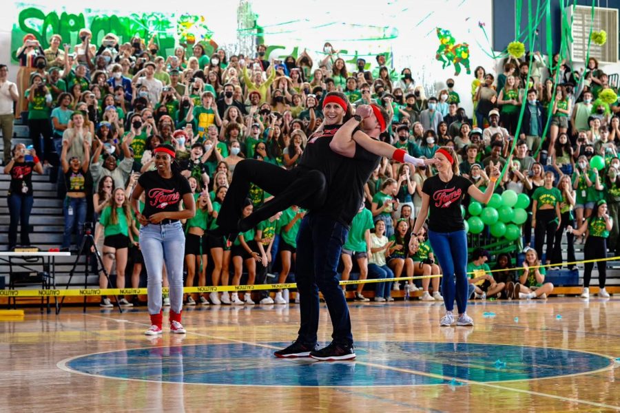 Assistant+Principal+Ron+Lewis+spins+Principal+Blake+Bennett+as+part+of+a+secretly-planned+faculty+dance+during+the+Pep+Rally.