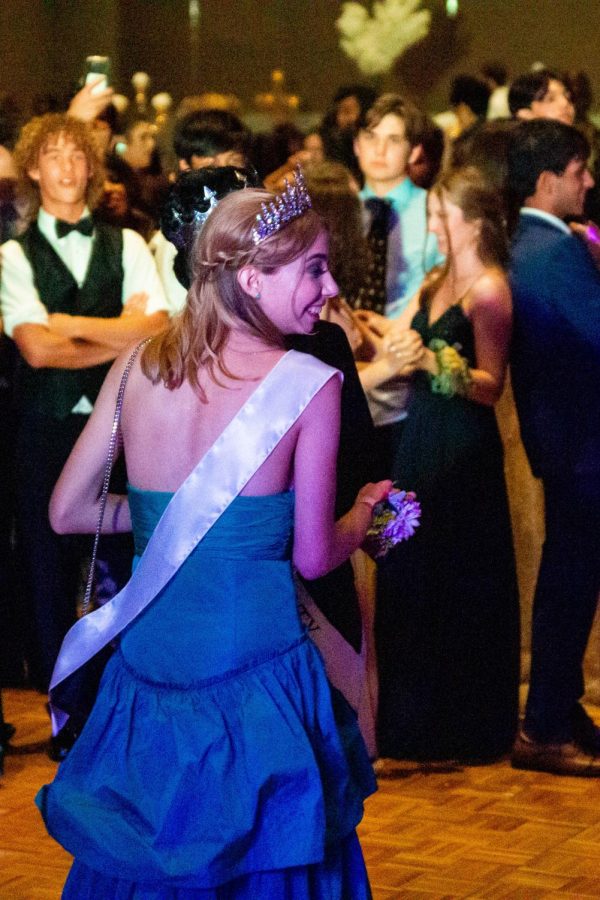 Communications senior Kaja Andric smiles after being crowned prom royalty, dancing with communications senior Sheevam Patel to “I Don’t Want to Miss a Thing” by Aerosmith. Attendees voted during the event for one of the top six students who were nominated and the top two were announced as prom royalty at the end of the night.