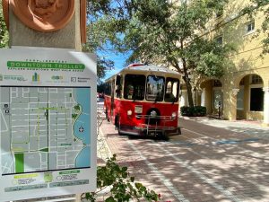 Slowly coming to a stop, the Yellow Line trolley arrives at its 200 Rosemary Ave. stop. The trolley runs from 11 a.m. to 9 p.m. from Sunday through Wednesday and 11 a.m. to 11 p.m. from Thursday through Saturday. 
