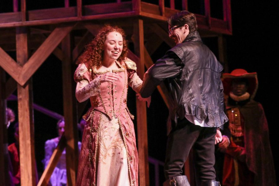 Laughing together, theatre senior Felicia Voehringer, who plays Viola De Lesseps, and Markarian, who plays William Shakespeare, dance onstage during rehearsals for the theatre show “Shakespeare In Love.” The cast for the play has been rehearsing since Aug. 31 to prepare for opening night on Friday, Oct. 28. “The biggest takeaway I’ve had from this production so far is to set boundaries,” Markarian said. “That boundary for work-work balance, if you will, becomes a greater necessity the closer we get to opening the show.” 