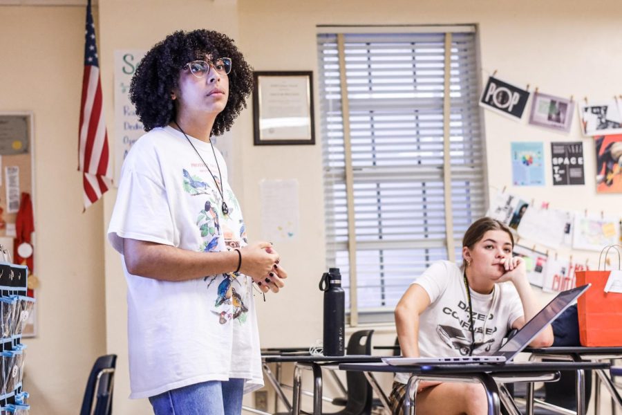 During a slam poetry team practice, communications senior Phoenix Medley listens to the critiques of her poem from a fellow slam poetry member. The team holds regular practices after school, working together to prepare pieces for competition.