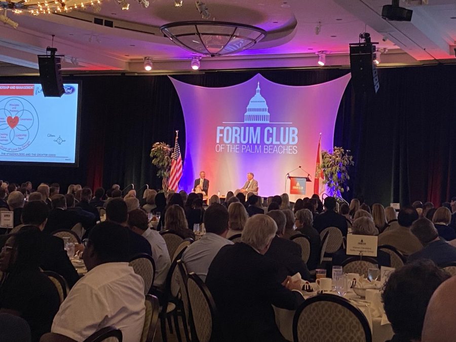 Mulally answers questions from the Forum Club moderator while guests eat lunch. He shared insight into his early life and professional career, citing his parents as major inspirations. “Every morning before school, my mom and dad would say things to remind me of important things in life,” Mulally said.