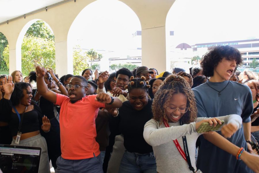 Theatre junior Nailah Smith dances along to the song “Wobble” by V.I.C. at Black Student Union’s (BSU) block party outside the cafeteria on Feb. 16.

