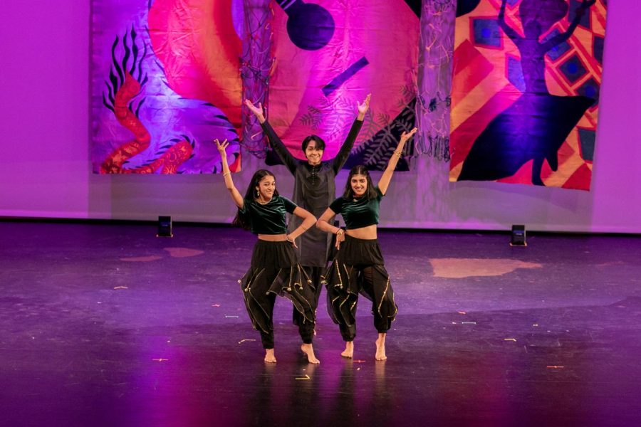 Communications junior Sanjana Gupta, strings junior Raveena Cherry, and band junior Nihar Bhavsar perform a Bollywood dance in the Multicultural Show. “I felt really excited. It was really nice for us to perform together.” Gupta said. “It was really fun to just have the band back together and perform our little routine for everybody. I feel like it put smiles on everybodys faces and we were just so happy to perform.”