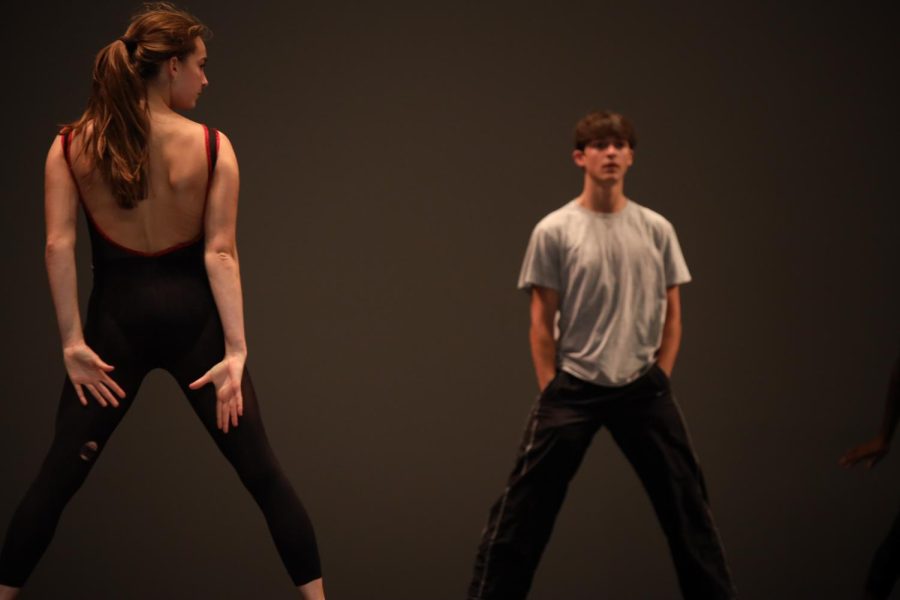 Dance juniors Gabriela Tatum and Noah Moller strike a pose at the conclusion of their contemporary dance piece titled “Heartbreaker.”  
