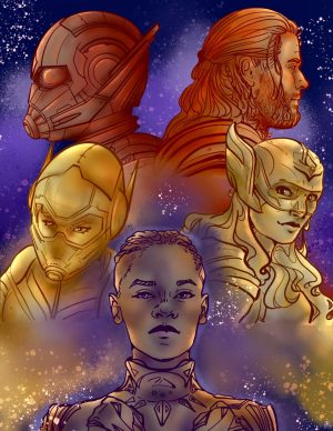 From top left to bottom right, Ant-Man from “Ant-Man and the Wasp: Quantumania,” Thor from “Thor: Love and Thunder,” The Wasp from “Ant-Man and the Wasp: Quantumania,” Jane from “Thor: Love and Thunder,” and Shuri from “Black Panther: Wakanda Forever,” all characters from the MCU’s most recent phase. 