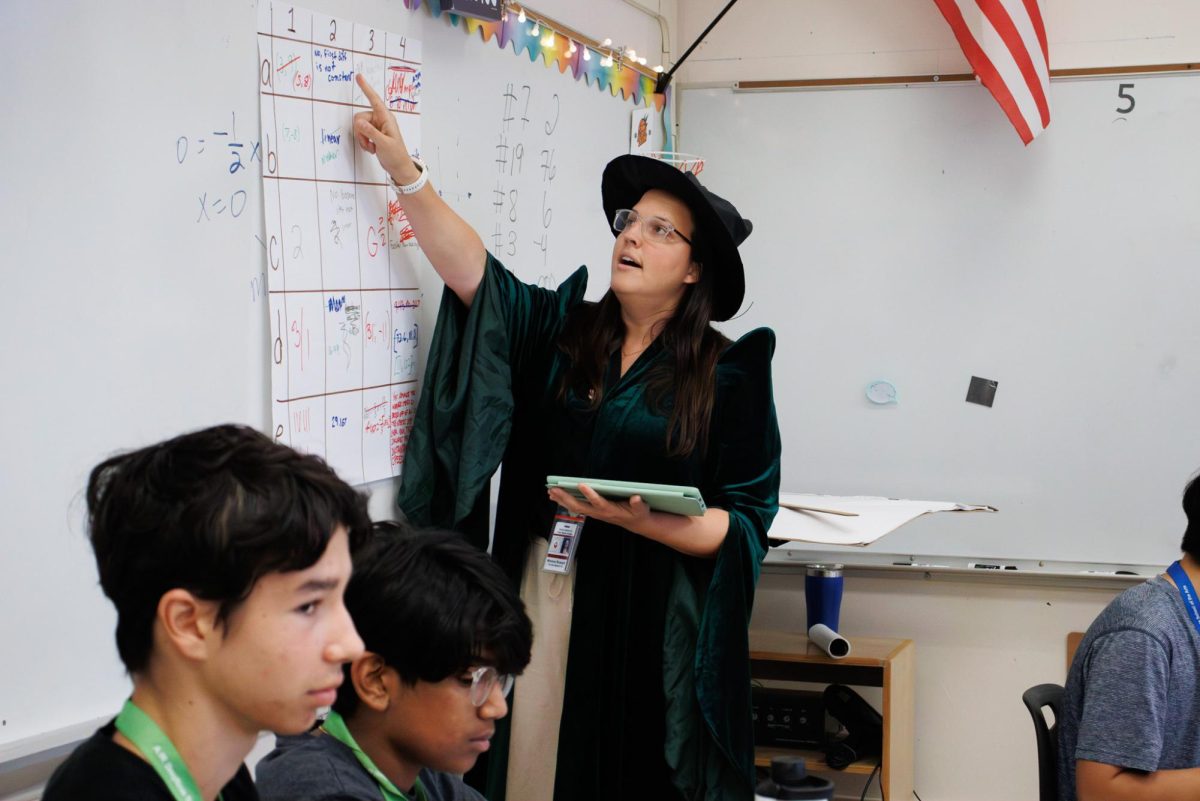 Dressed as Professor McGonagall, AP Precalculus teacher Monica Russell goes over answers to problems that students assigned to the different Harry Potter houses solved. Each correct answer gave that house a point. “I hope that I can make (math) a little bit more interesting,” Mrs. Russell said.