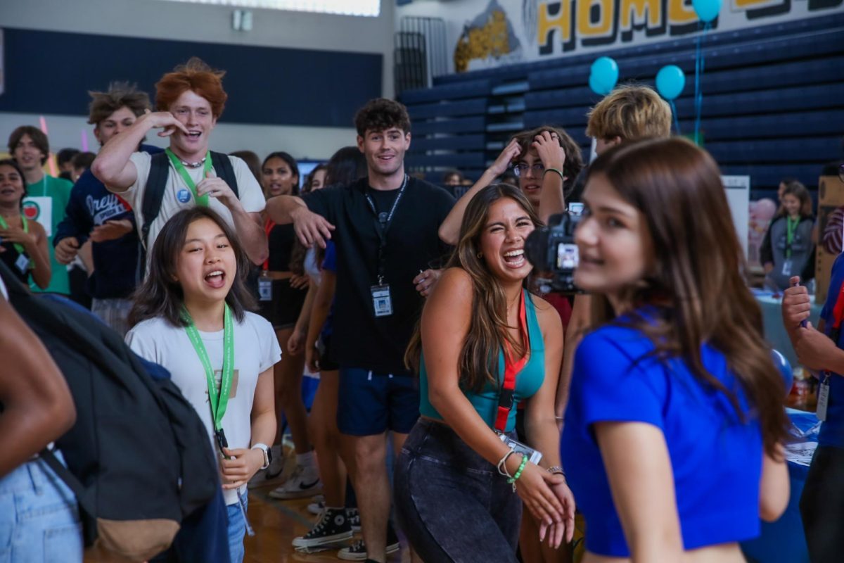 Official Lip Dub filmer, digital media junior Eszter Veres looks back and smiles while filming a Lip Dub segment during Club Rush 2023. This was the second time in the 2023-2024 school year that a segment of the lip dub was filmed.
