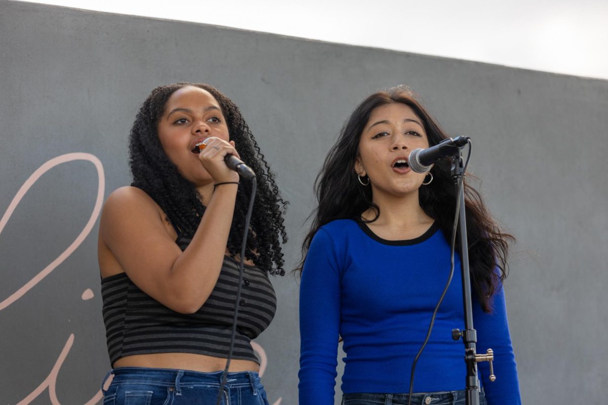 Vocal junior Emilie Paul and digital media junior Isabelle Phillips sing “Sleepwalk” by Betsy Brye.  The duo performed at the Seeds Open Mic, which was held Feb. 2 in support of the literary magazine. 