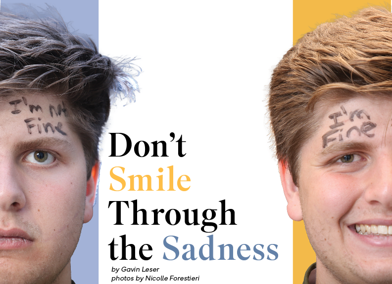 This photo illustration, of the opinion story writer Gavin Leser, is meant to highlight how society pressures people to seem happy even when they don’t feel that way. Often someone’s external positivity may contrast their inner feelings.