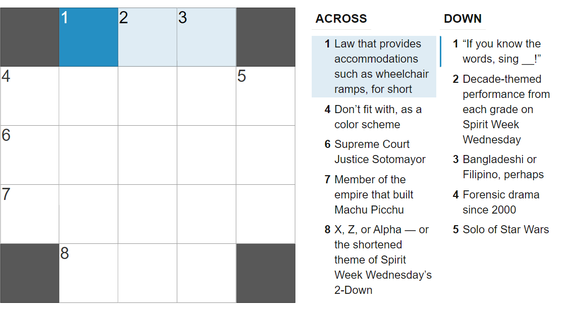 Spirit Week Mini Crossword #2