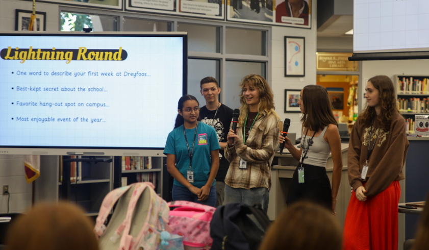 Leading a “Lighting Round” activity, student volunteers answer commonly asked questions, providing tips and sharing their experiences on campus.