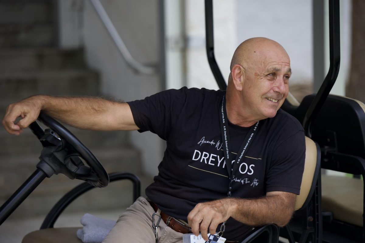 Smiling while on duty, security monitor Mihail Chira patrols the campus, upholding the safety of the school.