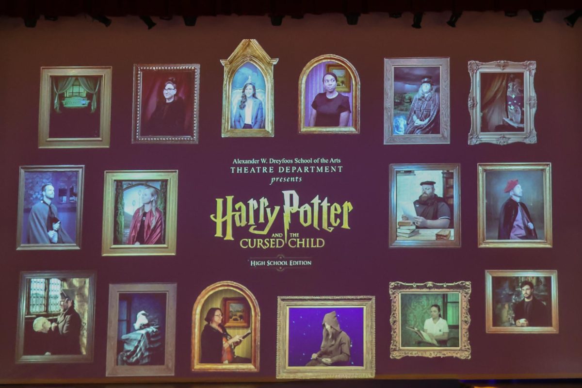 Illuminating the theater, animations of faculty members are projected onto Meyer Hall’s curtains. Students in the visual and digital departments worked with the theatre department to create animations of school staff as if they were in the world of “Harry Potter and the Cursed Child,” as various witches, professors, and wizards.