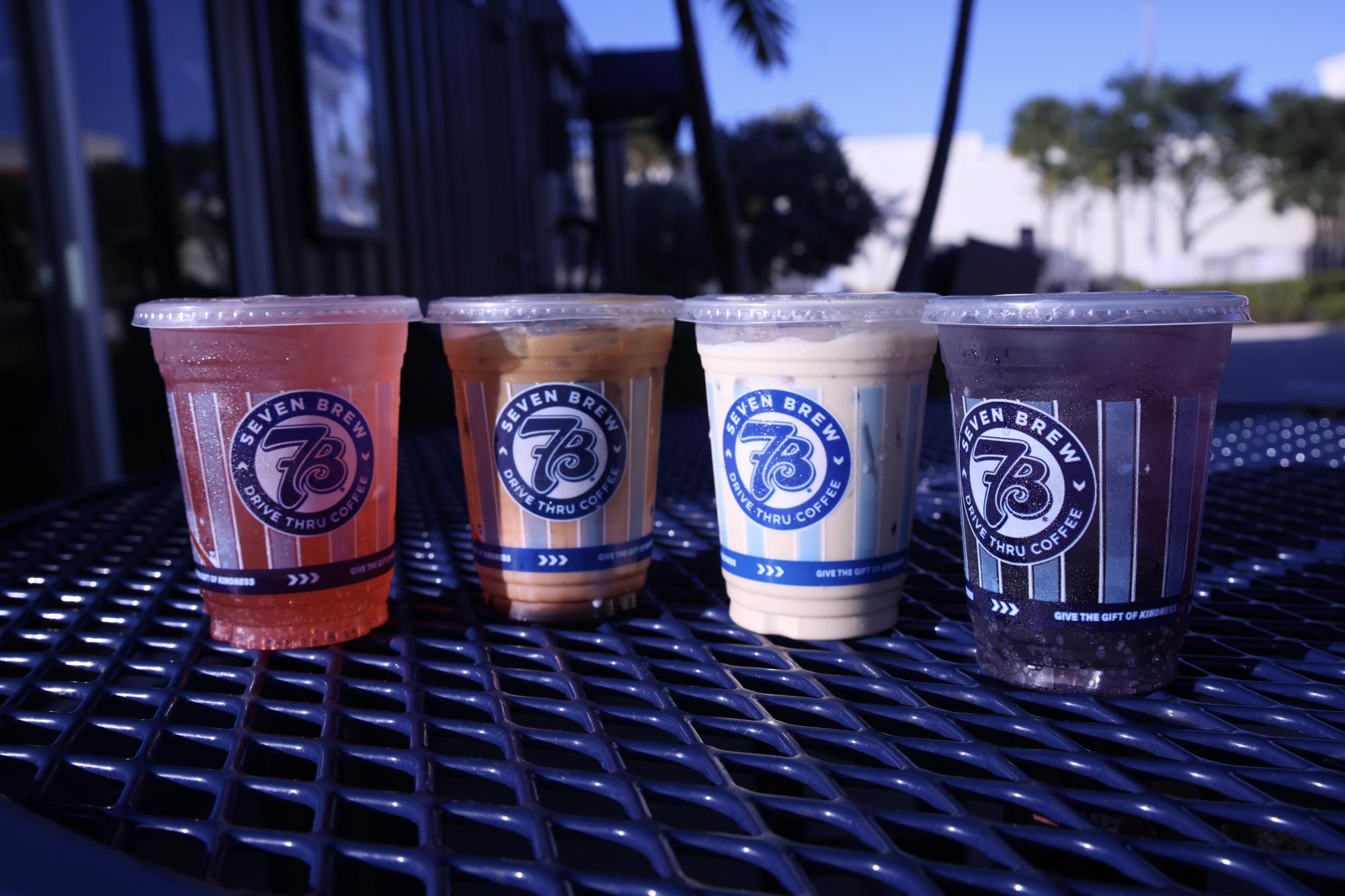 Featured on “Muse Tries” are espresso-based and energy drinks from 7 Brew. From left to right are the Pink Mermaid, Raspberry Truffle Macchiato, Iced Blondie, and Monster Mash drinks.
