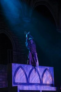 Twirling her hands in the air, theatre senior Sophia Bornia (Moaning Myrtle) perches on top of a student-made set, depicting a sink found in the women’s restroom in Hogwarts.