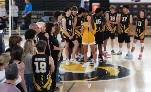 Giving a speech, the boys' volleyball team coach Natalie Faulkner reflects on her experience coaching the team. As the first year head volleyball coach in 2025, Faulkner led the Jaguars to achieve a 15-4 season and breaking a school record overall.